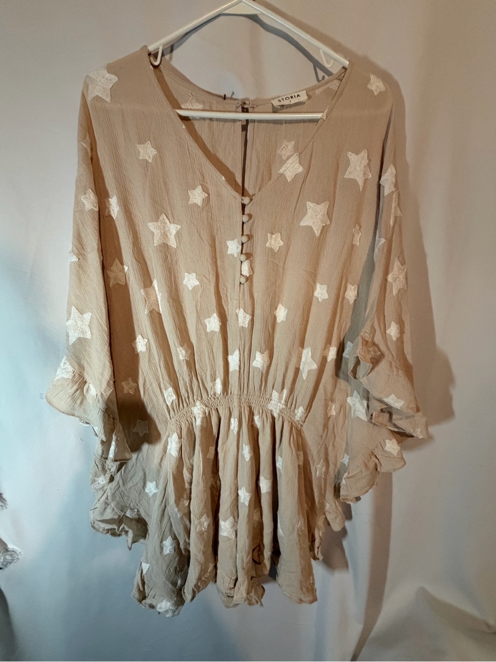 Storia Star Embroidered Romper S Beige Ruffle Batwing Kimono Boho Festival